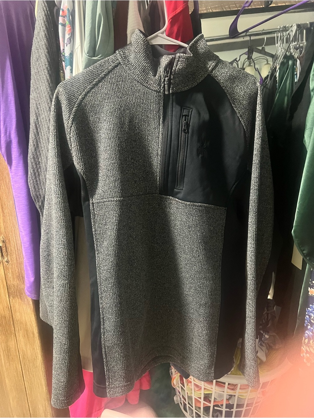 Spyder Men's Gray Half-Zip Sweater with Black Chest Panel and Pocket